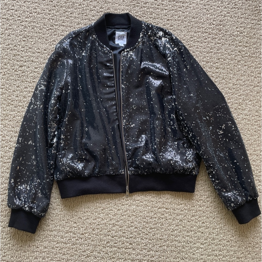 GAP Sequin Bomber Jacket Black Size Small